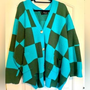 DRESSED IN LALA Oversized Turquoise and Green Cardigan  Sz M